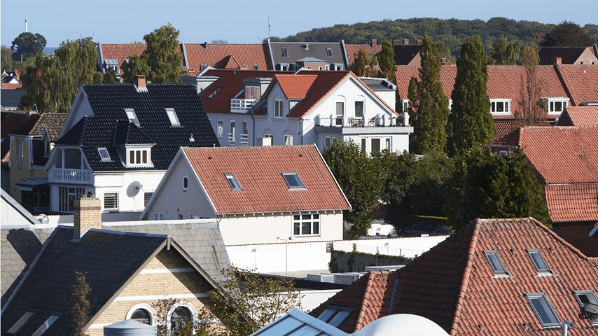 Flere boliger set oppefra med træer i baggrunden