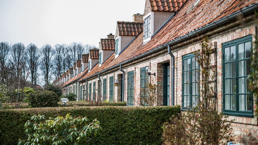 Lang række af ens rækkehuse med have